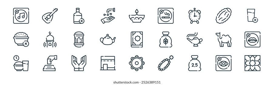 linear ramadan icon pack. vector thin line no illegitimate, oud, no alcohol, dates, teapot, gossip, tambourine, mosaic icons suitable for apps and websites ui designs