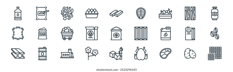 linear raw materials icon pack. vector thin line potato, coment, stones, wood, corn flour, coffee bean, sugar cube, ceramics icons suitable for apps and websites ui designs