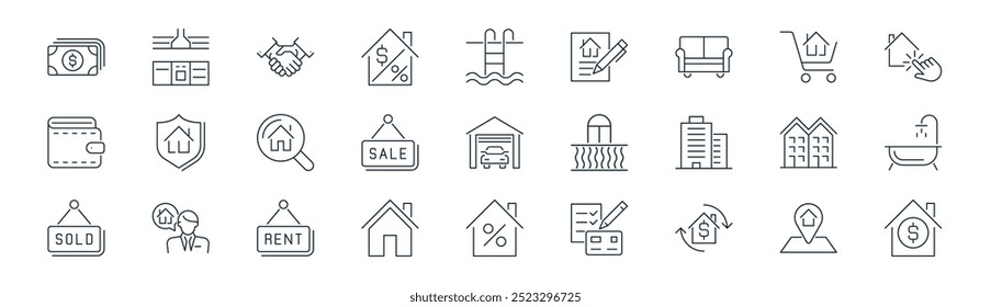 Linear Real Estate Icon Pack Vector Thin Line Ubicación, Cocina, Negocio, Venta de casas, Venta, Bañera, Descuento, Iconos de Préstamo de Vivienda Adecuado para App y Sitios web UI Diseños