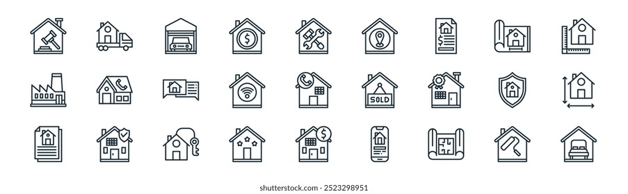 linear real estate icon pack. vector thin line house repair, relocation, garage, house blueprint, wifi, measurement, buy house, accomodation icons suitable for apps and websites ui designs