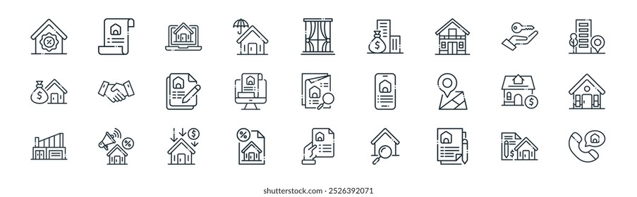 linear real estate icon pack. vetor thin line contract, contract, real estate, key, real estate, documento, ícones de chamada adequados para aplicativos e sites ui designs