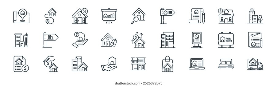 linear real estate icon pack. vetor de linha fina cama, localização, promoção, empréstimo, venda, contrato, casa, ícones de entrega adequados para aplicativos e sites projetos de iu