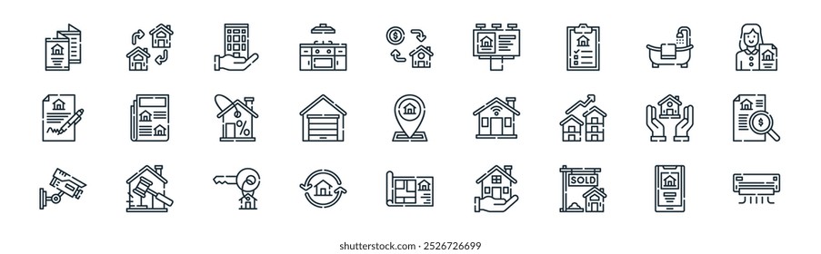 linear real estate icon pack. vector thin line mobile app, real estate, building, bathtub, garage, value, blueprint, air conditioner icons suitable for apps and websites ui designs