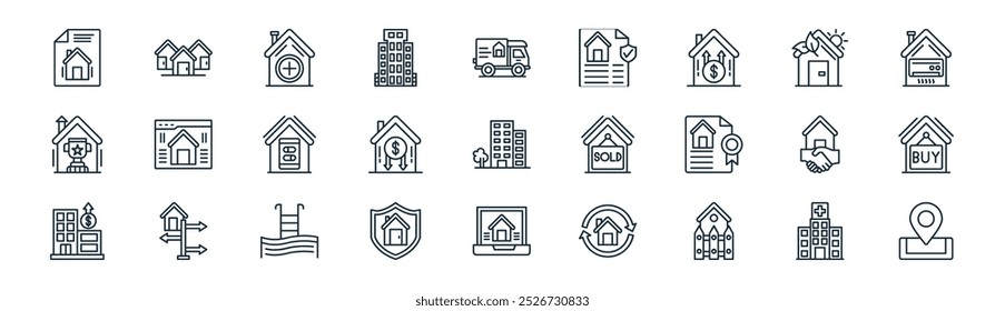 linear real estate icon pack. vector thin line hospital, neighborhood, home, eco house, price down, buy, laptop, placeholder icons suitable for apps and websites ui designs