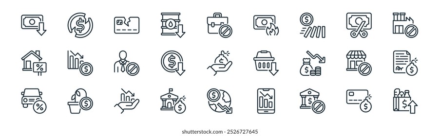 pacote de ícone de recessão linear. vetor linha fina cartão de crédito, moeda, cartão de crédito, perda de dinheiro, moeda, dívida, crise econômica, ícones de supermercado adequados para aplicativos e sites ui designs