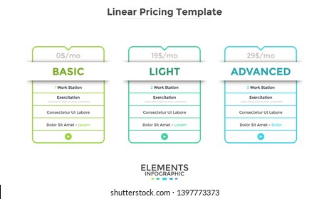 Linear rectangular pricing tables or cards with list of included options. Light, basic and advanced subscription plans or website accounts. Modern infographic design template. Vector illustration.