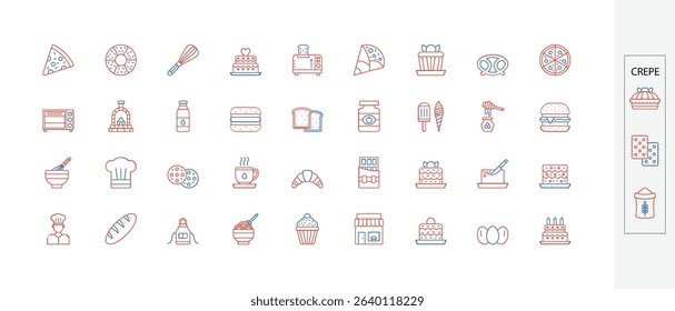 Linear Red and Blue Icons for Bakery and Pastry Shop Menus and Websites