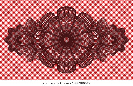 Linear red checkered tablecloth realistic emblem. Restaurant delicate background. Artistic illustration. 
