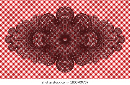 Linear red checkered tablecloth realistic badge. Restaurant fancy background. Vector illustration. 