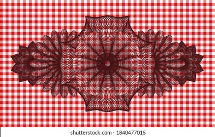 Linear red checkered tablecloth realistic emblem. Restaurant fashionable background. Illustration. 