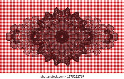 Linear red checkered tablecloth realistic badge. Restaurant classic background. Vector illustration. 