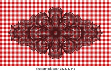 Linear red checkered tablecloth realistic emblem. Restaurant luxurious background. Vector illustration. 