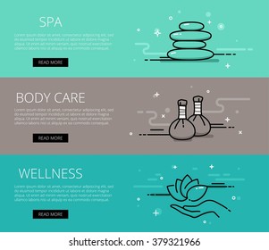 Linear relaxing web banners vector set. Line spa, herbal bags massage, stone massage, lotus and hand. Design set of graphic outline banners illustration