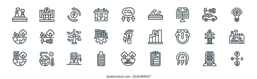 linear renewable energy icon pack. vector thin line air heater, hydro power, energy, electric car, infrastructure, green factory, go green, energy sources icons suitable for apps and websites ui