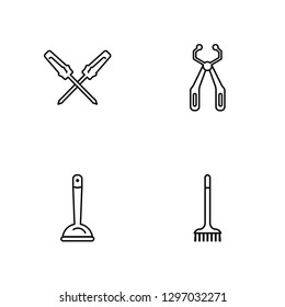 Linear Repair Screwdriver, Plunger, Clipper, Gardening Rake Vector Illustration Of 4 outline Icons. Editable Pack Of Repair Screwdriver, Plunger, Clipper, Gardening Rake