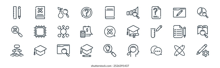 linear pesquisa e educação ícone pack. vetor linha fina ciência, livro de ciência, pesquisa, site de, despesas, estudo, pesquisa, ícones de lápis adequado para aplicativos e sites projetos de iu