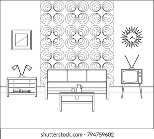 Linear retro room. Living room interior in line art. Thin line illustration. Vector graphics. Vintage home space with sofa, TV and coffee table in flat design. House equipment with cartoon furniture.