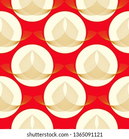 linear retro seamless pattern with stylized buds gold and red