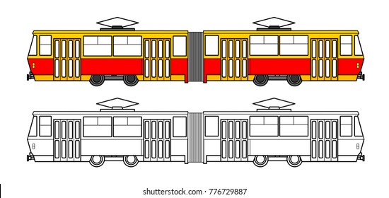 Linear retro tram on white background vector flat illustrations.