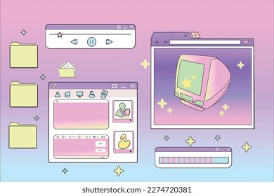 Linear retro vaporwave desktop wallpaper. Abstract vintage aesthetic background. Modern comic illustrations. Trendy, nostalgic, colorful style 80s, 90s. Posters, social media posts, story template.