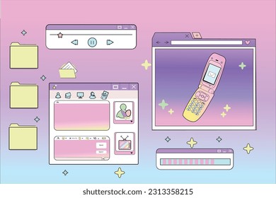 Linear retro vaporwave desktop wallpaper. Abstract vintage aesthetic background. Modern comic illustrations. Trendy, nostalgic, colorful style 80s, 90s. Posters, social media posts, story template.