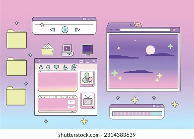 Linear retro vaporwave desktop wallpaper. Abstract vintage aesthetic background. Modern comic illustrations. Trendy, nostalgic, colorful style 80s, 90s. Posters, social media posts, story template.