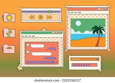 Linear retro vaporwave desktop wallpaper. Abstract vintage aesthetic background. Modern comic illustrations. Trendy, nostalgic, colorful style 80s, 90s. Posters, social media posts, story template.