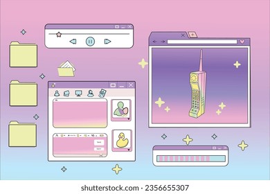 Linear retro vaporwave desktop wallpaper. Abstract vintage aesthetic background. Modern comic illustrations. Trendy, nostalgic, colorful style 80s, 90s. Posters, social media posts, story template.