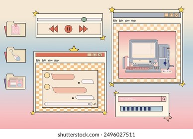 Linear retro vaporwave desktop wallpaper. Abstract vintage aesthetic background. Modern comic illustrations. Trendy, nostalgic, colorful style 80s, 90s. Posters, social media posts, story template.