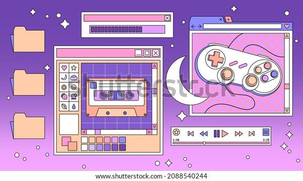 Linear retro vaporwave desktop wallpaper.\
Abstract vintage aesthetic background. Modern comic illustrations.\
Trendy, nostalgic, colorful style 80s, 90s. Posters, social media\
posts, story template.