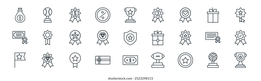 Vector de línea delgada de voleibol, béisbol, recompensa, regalo, diamante, recompensa, dinero, trofeos iconos adecuados para App y Sitios web UI diseños