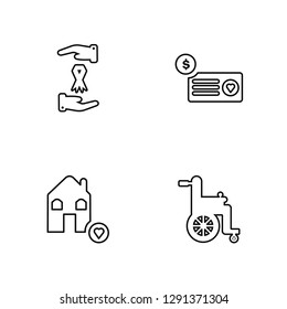 Linear Ribbon, House, Donation, Wheelchair Vector Illustration Of 4 outline Icons. Editable Pack Of Ribbon, House, Donation, Wheelchair