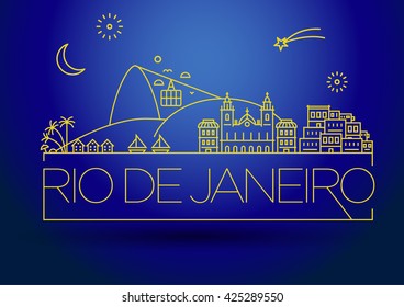 Linear Rio de Janeiro City, Brazil Silhouette with Typographic Design