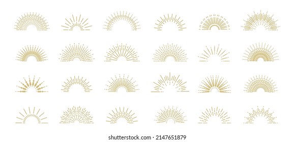 Linear Rising Sun. Outline Boho Sunset Logo Decorative Element, Abstract Minimalistic Sun Symbol. Vector Isolated Set. Magic Horizon With Summer Morning Or Evening Sunlight Icons Collection
