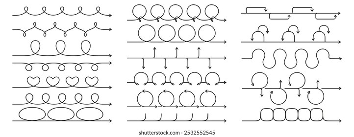 Linear roadmap arrows. Line art timeline chart, looped arrow for process sprints, step by step guide or instruction steps order design. Infographic template vector elements set.