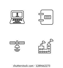 Linear Robber, Satellite, Notebook, Industrial building with contaminants Vector Illustration Of 4 outline Icons. Editable Pack Of Robber, Satellite, Notebook, Industrial building with contaminants