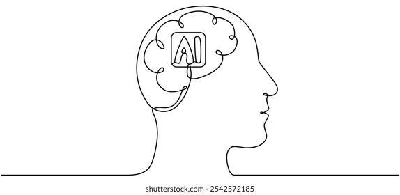 Linear robot head. Continuous line drawing head technology brain. Vector illustration isolated on white.