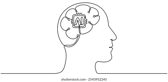 Cabeça de robô linear. Cabeça de desenho de linha contínua tecnologia de inteligência artificial cérebro. Ilustração vetorial isolada em branco.