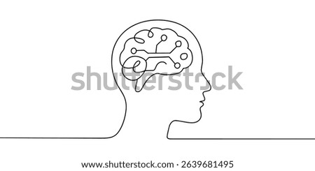 Linear robot head. Continuous line drawing head artificial intelligence technology brain. Vector illustration isolated on white.