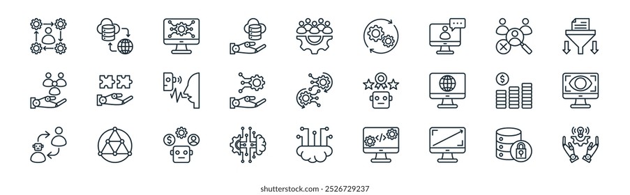 pacote de ícone de automação de processo robótico linear. vetor proteção de dados de linha fina, hospedagem na web, software, eliminar, automação de processo robótico, visão, inteligência artificial, ícones de inovação