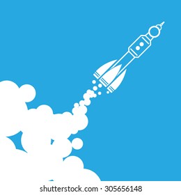 Linear rocket icon with clouds - vector illustration