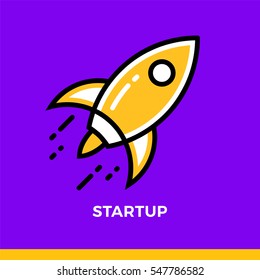 Linear rocket icon. Pictogram of spaceship in outline style. Vector modern flat design element for mobile application and web design