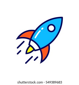 Linear Rocket Icon. Pictogram Of Spaceship In Outline Style On White. Vector Modern Flat Design Element For Mobile Application And Web Design. 