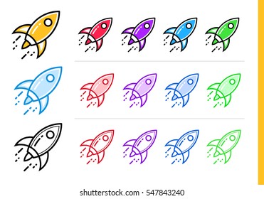 Linear rocket icon for startup business in different colors. Vector elements for website, mobile application 