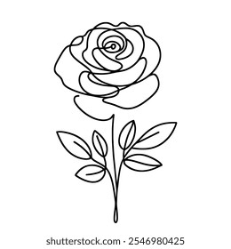 Linear rose icon. Black and white image of a hand-drawn rose flower. Vector illustration