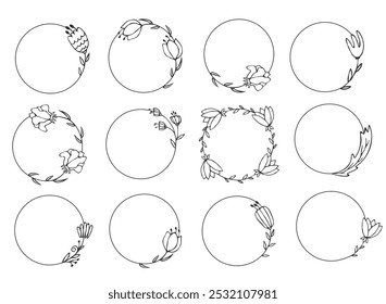 Linear round hand-drawn floral frames. Borders for banner, wedding, greeting card design, vector set