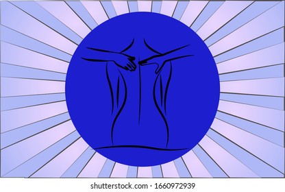 Icono circular lineal de masaje trasero sobre un fondo de rayos azul abstractos. Ilustración vectorial.