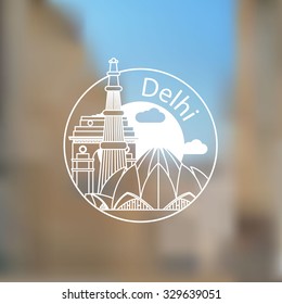 Linear round icon of  Delhi, India. Flat one line style. Trendy Line art Web logo on blurred background.