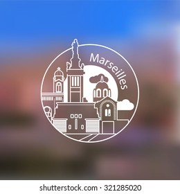 Linear round icon of Marseille, France. Flat one line style. Linear Web logo on blurred background.