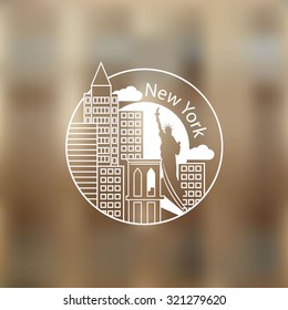 Linear round icon of New York, USA. Flat one line style. Line art Web logo on blurred background.